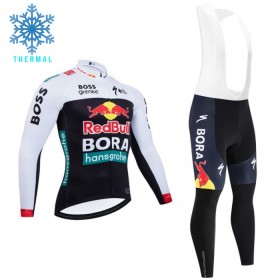 Set Fietsshirt Lange Mouw + Lange Koersbroek 2025 BORA-Hansgrohe Bull Winter Thermal Fleece Zwart Rood